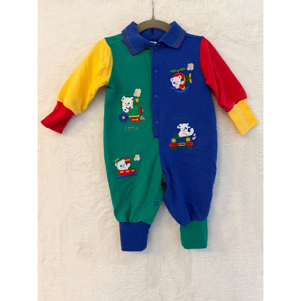 CC Baby Vintage Colorblock Bear Romper 3-6M Primary Colors Embroidered One Piece